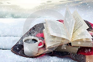 Tazza di caffè caldo, e il libro aperto sul plaid contro il paesaggio di neve.