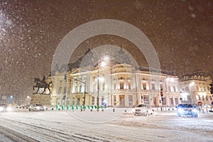 Winter storm in Bucharest city , heavy snow storm in Romania, climate change impact