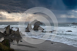 Winter storm and rain over sea stacks at the Oregon Coast