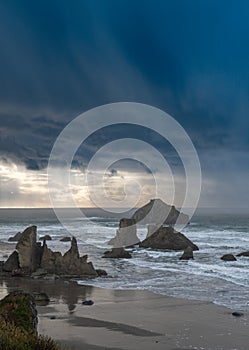 Winter storm and rain over sea stacks at the Oregon Coast