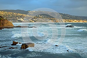 Winter storm at Rock Pile Beach below Heisler Park in Laguna Beach, California.