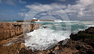 Winter storm waves crashing into Laie Point coastline at Kaawa on the North Shore of Oahu Hawaii United States