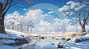 Winter Stream: Anime-inspired Landscape With Snow And Stream