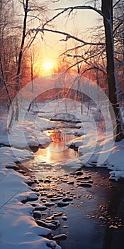 Winter Stream: Photorealistic Evening Glow In Light Red And Gold