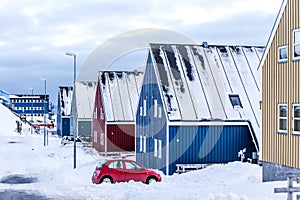 Winter street in Arctic capital Nuuk city, Greenland