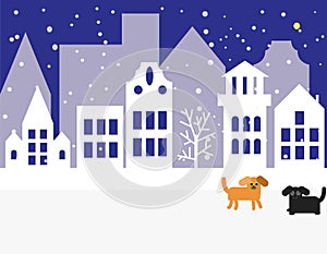 Winter. Street. Christmas night. dogs are walking. Star in the sky. Houses in the winter. Winter card.