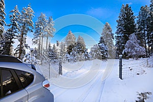 WInter street with lots of snow with private driveway and car with open door and gates
