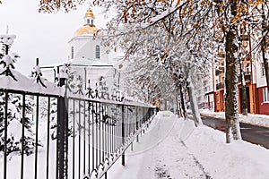 Winter street of Polotsk and Holy Epiphany Cathedral, Belarus