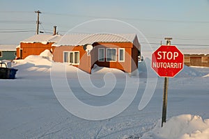Winter street scene in Cambridge Bay, Nunavut