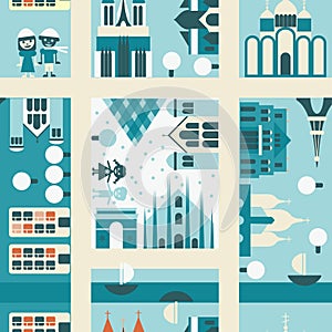 Winter street seamless backgrounds in vector