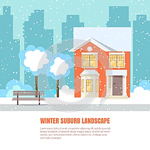 Winter suburb horizontal banner Flat style