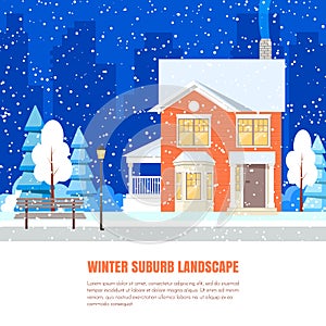 Winter suburb landscape banner Flat style