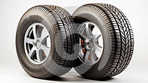 Winter and summer auto tires. A pair of tires. Wheels of vehicles stacked up. lone automobile tires on a white background.