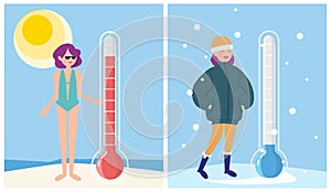 Winter and summer. Weather thermometer, hot and cold temperature. Girl holiday vacations on beach vector concept