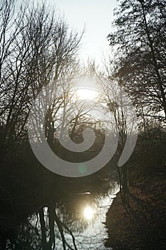 Winter sun over the narrow Wuhle River in January. Berlin, Germany