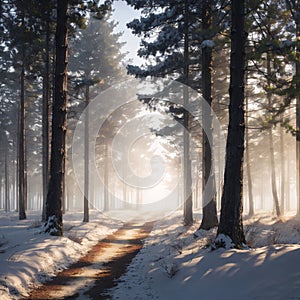 Winter sun rays trough trees on a forest road on a supper foggy dat. Selective focus. High quality photo