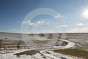 Winter sunny landscape with dirt road under blue sky