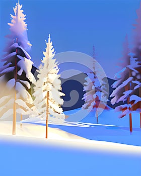 Winter sunny landscape. Mountains, pine forest, blue sky and snow.