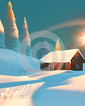 Winter sunny landscape. Mountains, pine forest, blue sky and snow.