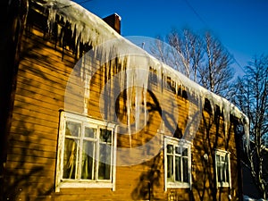 Winter, sunny, snow, icicles, house, line