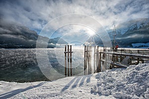 Winter sunrise at beautiful lake Achensee in Tyrol, Austria