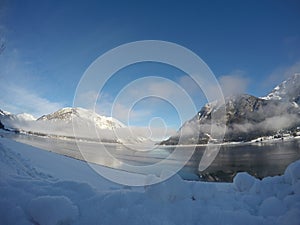 Winter sunrise at beautiful lake Achensee in Tyrol, Austria