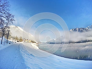 Winter sunrise at beautiful lake Achensee in Tyrol, Austria