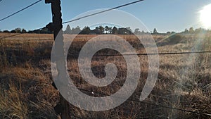 Winter sunrise. Bright round sun casting its rays over long grass fields and a frosty fence with water drops