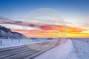 Winter sunrise on Hringvegur in Iceland