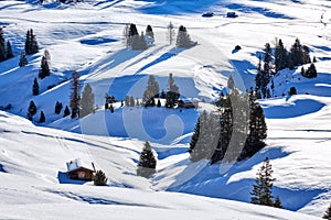 Winter sunrise over Alpe di Siusi Dolomites, Italy