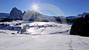 Winter sunrise over Alpe di Siusi, Dolomites, Italy