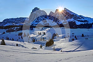 Winter sunrise over Alpe di Siusi with view on Sassolungo and Sassopiatto, Dolomites, Italy