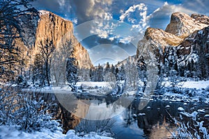Winter Sunrise Reflections on Yosemite Valley View, Yosemite National Park, California