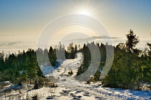 Winter sunrise from Slubica peak in Branisko