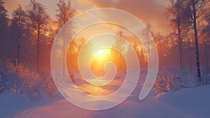 Winter Sunrise in Snowy Forest Path blurs