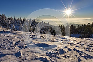 Winter sunrise on Velka Raca mountain on Kysucke Beskydy