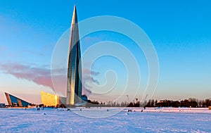 Winter sunset on the Gulf of Finland and view of the Lakhta center skyscraper