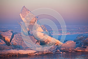 Winter sunset and ice hummocks on the Lake
