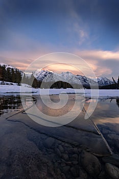 Winter sunset at Johnson Lake, Banff National Park, Travel Alberta, Canada, Canadian Rockies, North America, Landscape of Canada