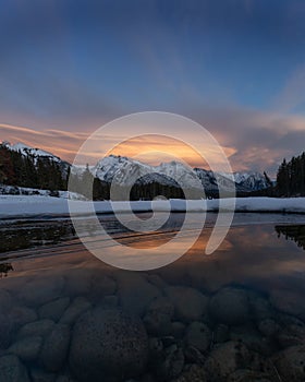 Winter sunset at Johnson Lake, Banff National Park, Travel Alberta, Canada, Canadian Rockies, North America, Landscape of Canada