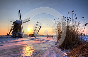 Winter sunset mill HDR