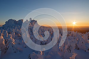 Winter sunset on the mountains. Kolchimsky Stone, Perm Kray, Russia