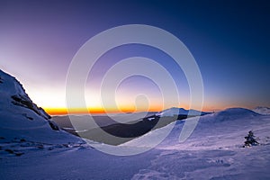 Winter sunset in the mountains. The Mount Tarnica, Bieszczady National Park, Poland