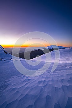 Winter sunset in the mountains. The Mount Tarnica, Bieszczady National Park, Poland