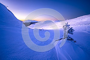 Winter sunset in the mountains. The Mount Tarnica, Bieszczady National Park, Poland