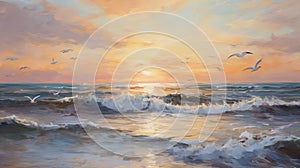 Winter Sunset: Oil Painting Of Waves And Seagulls In Soft Realism