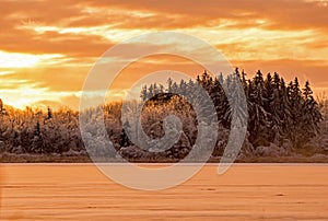 Winter Sunset Over Island Lake At Orangeville, Ontario