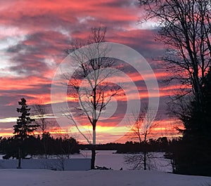 Winter sunset over Lake of the Woods, Ontario