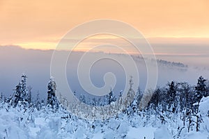 Winter sunset over the mountains. Beskids, view from the route