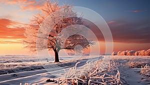 Winter sunset over snowy landscape, nature beauty in tranquil scene generated by AI